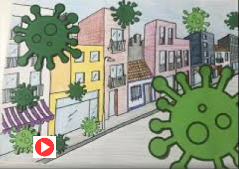 Dibujo de una calle con el virus coronavirus