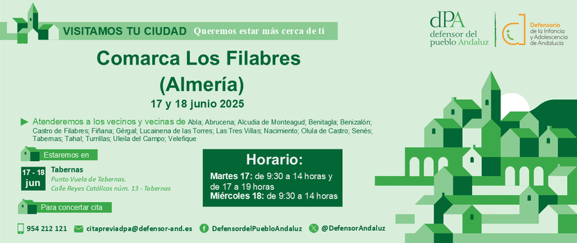 La Oficina de Información y Atención Ciudadana (OIAC) del Defensor del Pueblo Andaluz se desplaza el 17 y18 de junio a la Comarca de los Filabres de Almería