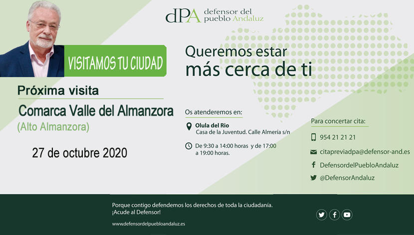 La Oficina de Información del Defensor se desplaza al Alto Almanzora (Almería) este martes, 27 de octubre, para atender in situ a su población