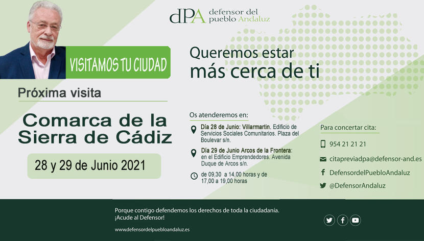La Oficina de Información y Atención Ciudadana del Defensor del Pueblo andaluz se desplaza a la Sierra de Cádiz los días 28 y 29 de junio para la atención a la ciudadanía